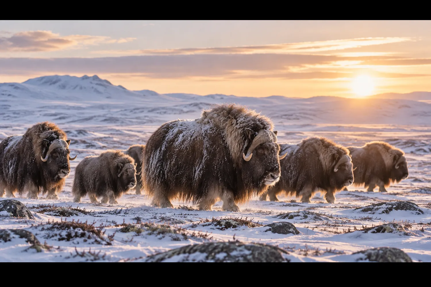 Eine Herde Moschusochsen zieht bei tiefer Sonne über die verschneite Tundra.