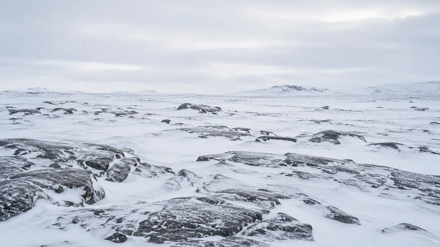 Verschneite arktische Tundra, blanker Fels tritt hervor, unter flachem Winterhimmel.