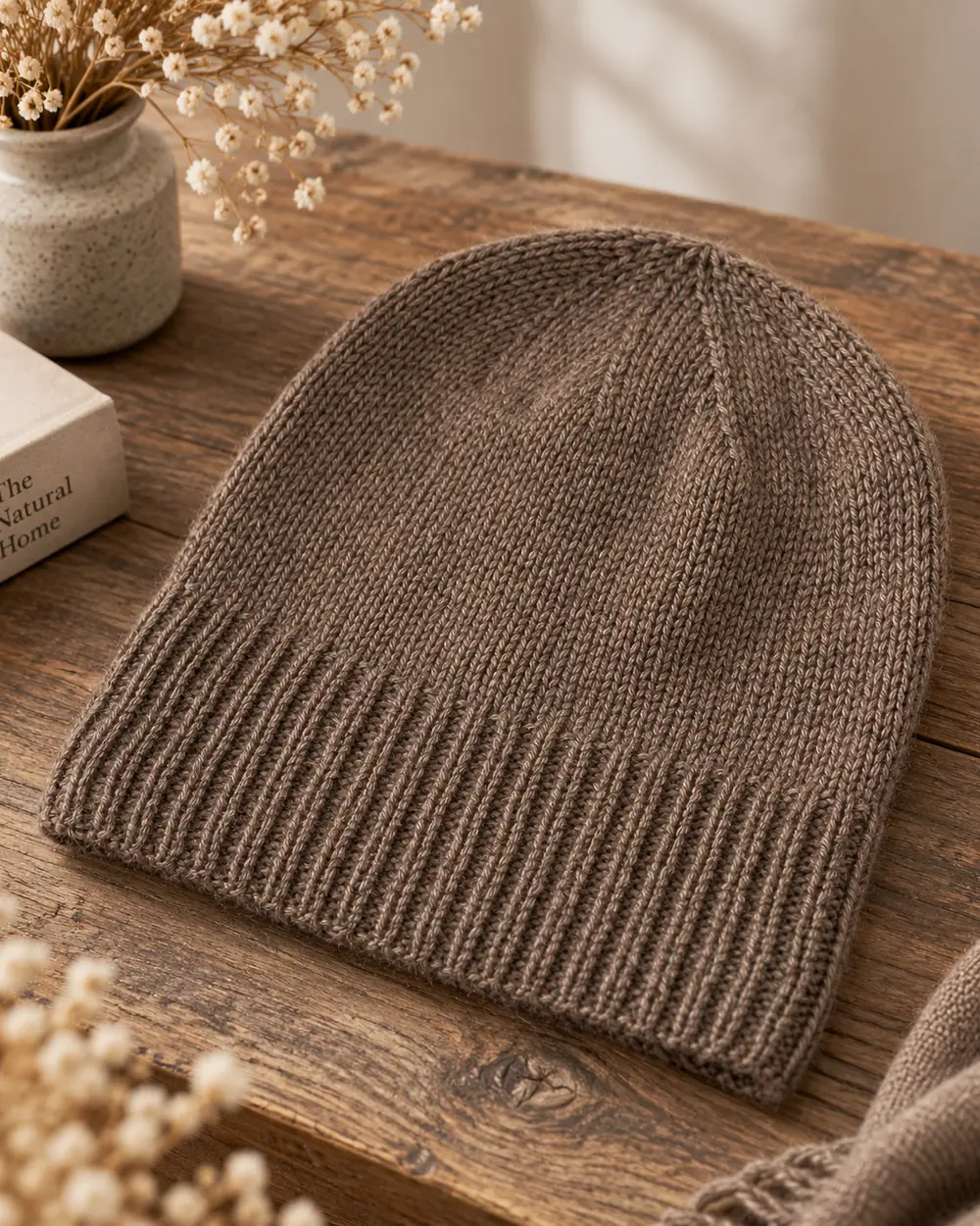 Eine gestrickte Qiviut-Mütze auf einem Holztisch.