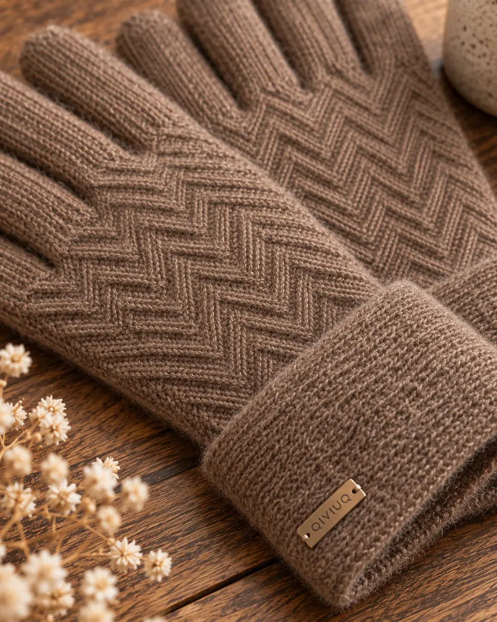 Close detail of hand-knitted qiviut stitches.