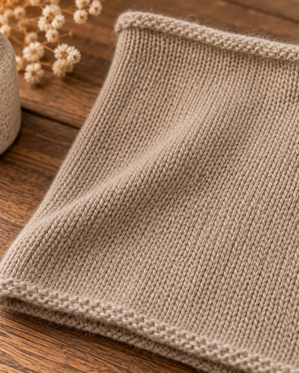 Close detail of hand-knitted qiviut stitches.