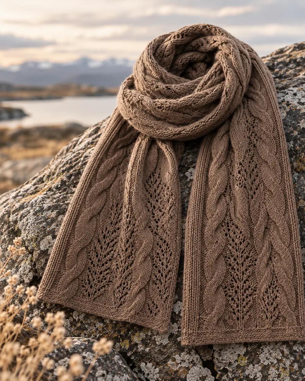 Ein gestrickter Qiviut-Schal auf arktischem Stein.