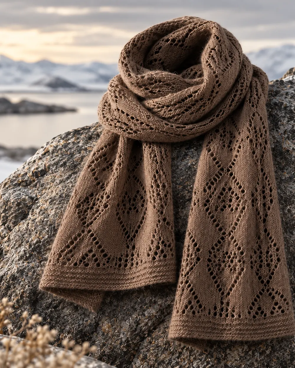 Ein gestrickter Qiviut-Schal auf arktischem Stein.